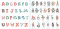 Hand-drawn alphabet, font, letters. Doodle ABC for kids with cute animal characters. Vector illustration, isolated on