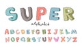 Hand-drawn alphabet, font, letters. Doodle ABC for kids. Vector illustration isolated on white background.