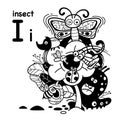 Hand drawn.Alphabet Letter I-insect