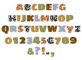 Hand drawn alphabet letters and numbers set with jungle animals skin pattern. Royalty Free Stock Photo