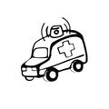 Hand-drawn ambulance. Vector linear image on the topic of medicine, medicine and health.