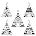 Hand drawn American native wigwams set with ethnic ornamental elements. Teepee boho designs. Monochrome yurt, indian home vector Royalty Free Stock Photo