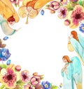Hand drawn angels and flowers. Watercolor frame. For Easter, Spring, baptism, Birthday, Thanksgiving, wedding cards and publicatio