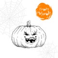 Hand drawn angry smiling pumpkin. Halloween party poster Royalty Free Stock Photo