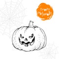 Hand drawn angry smiling pumpkin. Halloween party poster Royalty Free Stock Photo