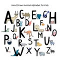 Hand drawn animal alphabet for kids. Royalty Free Stock Photo
