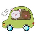 Hand drawn animal pig and rabbit cartoon in car green color. Vector illustration.