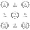 Hand drawn Anniversary laurel wreath icon set isolated on white background. 1,3,5,10,20,30,40,50,100 years. Template for congratul Royalty Free Stock Photo