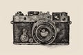Hand Drawn Antique Camera, Vintage Photo Camera Isolated on White Background, Engraving Pen