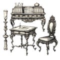 Hand Drawn Antique Furniture, Sketched Baroque Room Interior Elements, Old Chair Ink Drawing Royalty Free Stock Photo