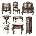 Hand Drawn Antique Furniture, Sketched Baroque Room Interior Elements, Old Chair Ink Drawing Royalty Free Stock Photo