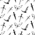 Hand drawn antique magic seamless pattern. Vector sketch endless illustration with bats, ancient swords and daggers. Halloween Royalty Free Stock Photo