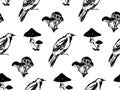 Hand drawn antique magic seamless pattern. Vector sketch endless illustration with raven and mushrooms. Halloween party retro Royalty Free Stock Photo