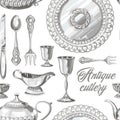 Hand drawn antique silver cutlery set pattern