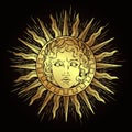 Hand drawn antique style sun with face of the greek and roman god Apollo. Flash tattoo or print design vector illustration Royalty Free Stock Photo