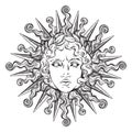 Hand drawn antique style sun with face of the greek and roman god Apollo. Flash tattoo or print design vector illustration
