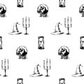 Hand drawn antique witchcraft seamless pattern. Vector sketch endless illustration with wizard hat, magic ball, candlestick and