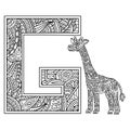 Hand drawn of aphabet letter G for giraffe in zentangle style