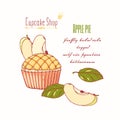 Hand drawn apple pie cupcake with doodle buttercream for pastry shop menu. Fruit flavor
