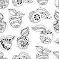 Hand drawn apples and leaves for anti stress colouring page. Seamless pattern for coloring book.