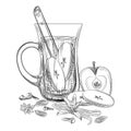 Hand drawn apples mulled wine. Mulled wine glass, apple, cinnamon sticks, cloves, vanilla, anise, cardamom