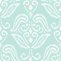 Hand-Drawn Aqua Mint and White Traditional Ikat Boho Damask Vector Seamless Pattern Royalty Free Stock Photo