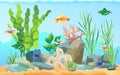 Hand drawn aquarium with fish and seaweed icons