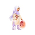 Hand drawn arabian little girl with lantern. Watercolor ramadan kareem illustration Royalty Free Stock Photo