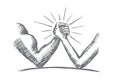 Hand drawn arm wrestling between strong and weak Royalty Free Stock Photo