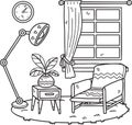 Hand Drawn Armchair with plants and lamp on carpet interior room illustration