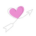 Hand-drawn arrow with pink heart, linear flat illustration for Valentine\'s Day