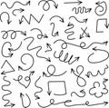 Hand drawn arrows icons set. Free form different curved lines, swirls arrows. Doodle marker drawing, direction pointers