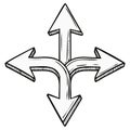 Hand drawn arrows indicating multiple directions choice and divergence in a sketch style Royalty Free Stock Photo