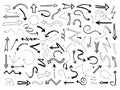 Hand drawn arrows. Sketch black arrow direction line signs. Doodle scribble monochrome way pointers, outline vector set