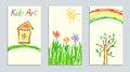 Set of wax crayon like kid`s drawn colorful cards with hand drawing flowers, house, sun, tree, rainbow. Royalty Free Stock Photo