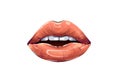 Hand drawn art of female lips parted mouth visible white teeth. lip gloss on fashion lips illustration in gold color