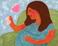 Hand-drawn art illustration of a pregnant woman. Happiness is motherhood, expectation of the birth of a child. Hand-drawn painting