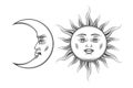 Hand Drawn Art Sun and Crescent Moon Engraving Illustration