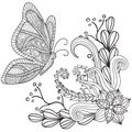 Hand drawn artistic ethnic ornamental patterned floral frame with a butterfly