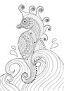 Hand drawn artistic Sea horse in waves for adult coloring page