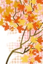 Orange and yellow fall leaf right artistic tree on abstract grid background