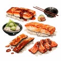 Hand Drawn Asian Salmon Meal Illustration With Hyperrealistic Cityscape Style