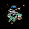 Hand drawn of astronaut riding dinosaurs on black space in green, grey, blue and gold color