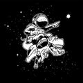 Hand drawn of astronaut riding dinosaurs on black space in monochrome color