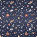 Hand drawn astronomy doodle seamless pattern.