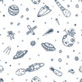 Hand drawn astronomy doodle seamless pattern.