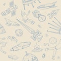 Hand drawn astronomy seamless pattern. Background with space objects, planets,shuttles, rockets, satellites