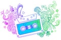 Hand drawn audio cassette with line art decor Royalty Free Stock Photo