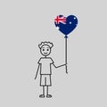 hand drawn australian boy, love Australia sketch, male chatacter with a heart shaped balloon, black line vector