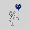 hand drawn australian girl, love Australia sketch, female chatacter with a heart shaped balloon, black line vector